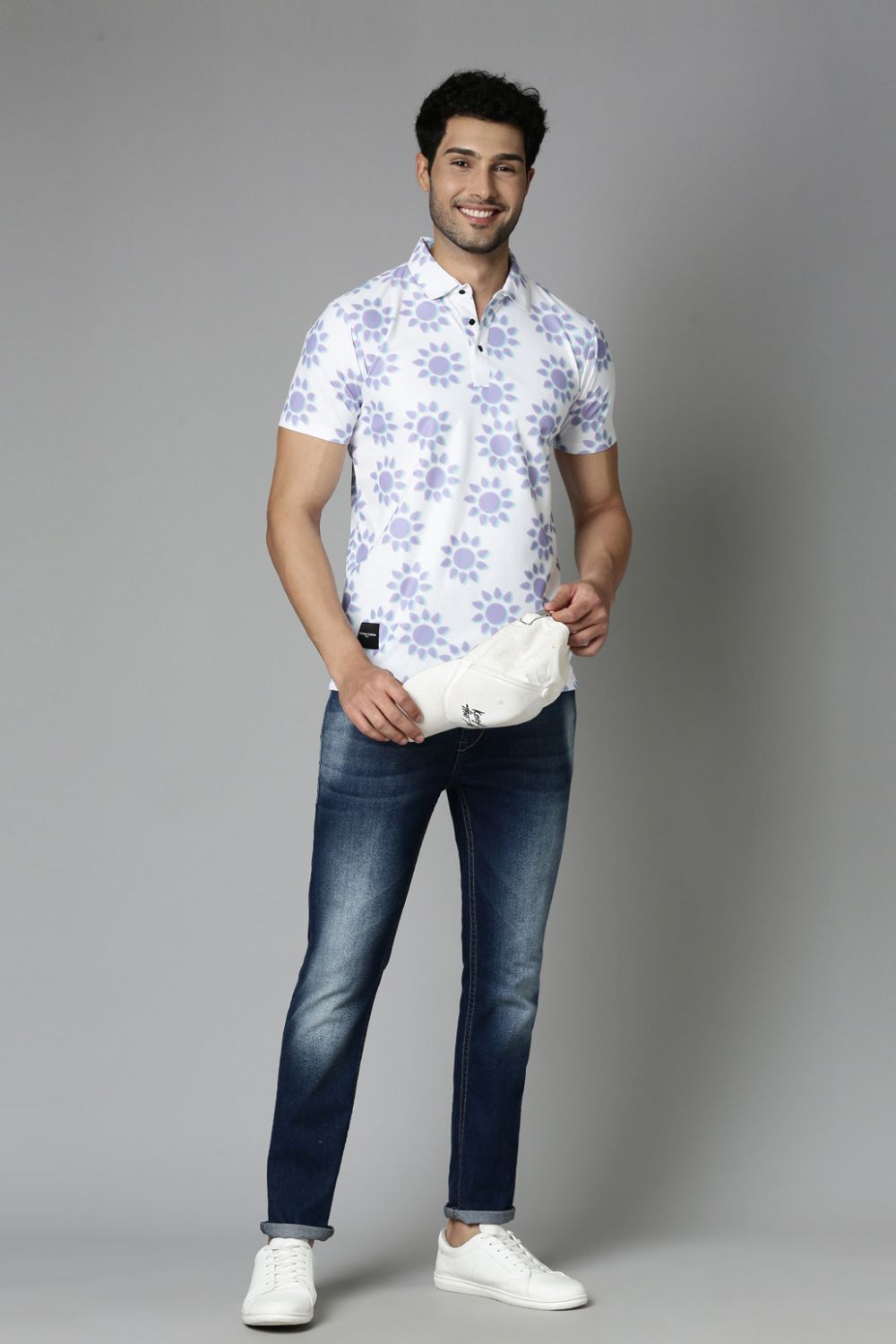 Powder-White Printed Polo T-Shirt