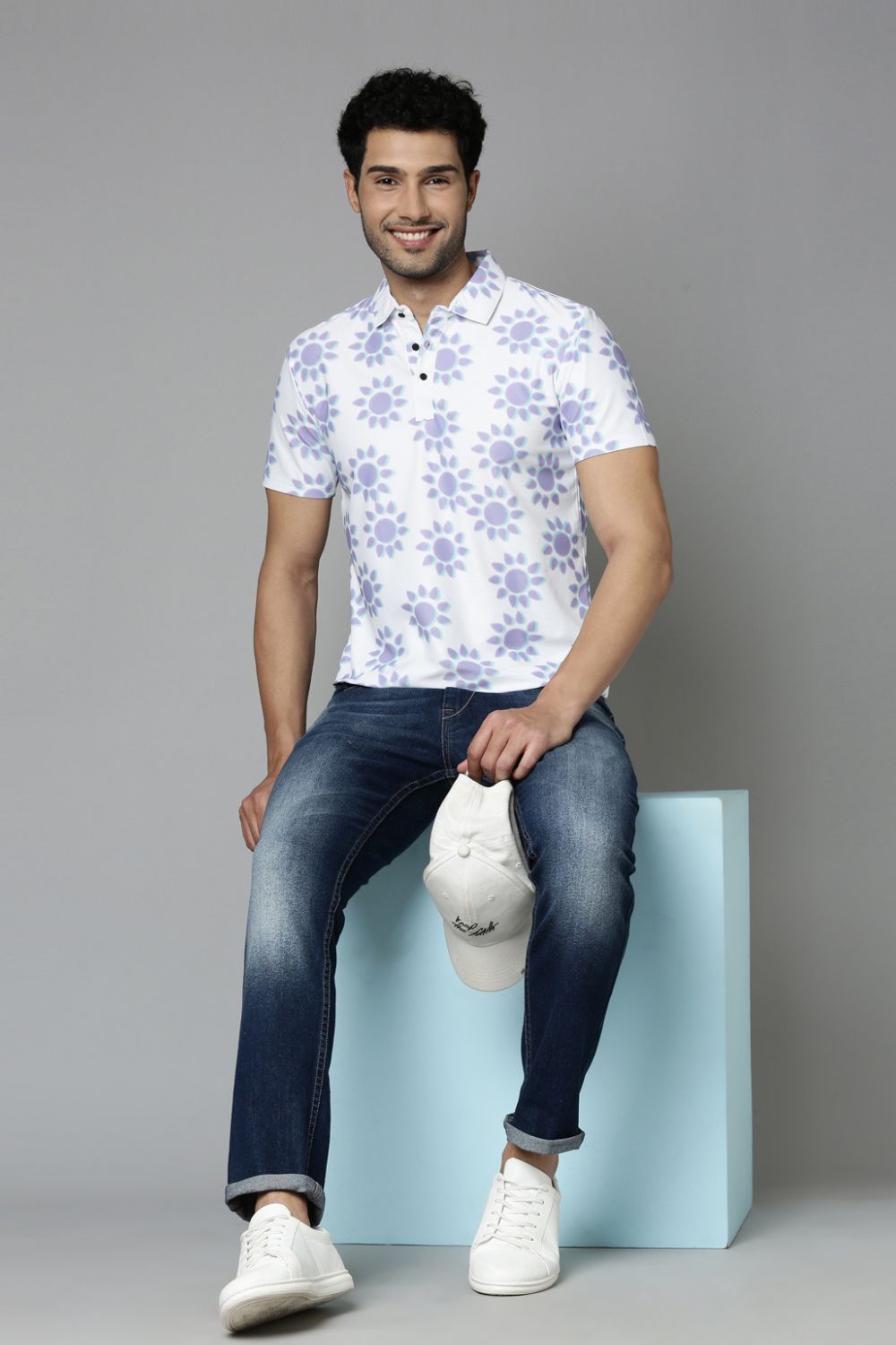 Powder-White Printed Polo T-Shirt