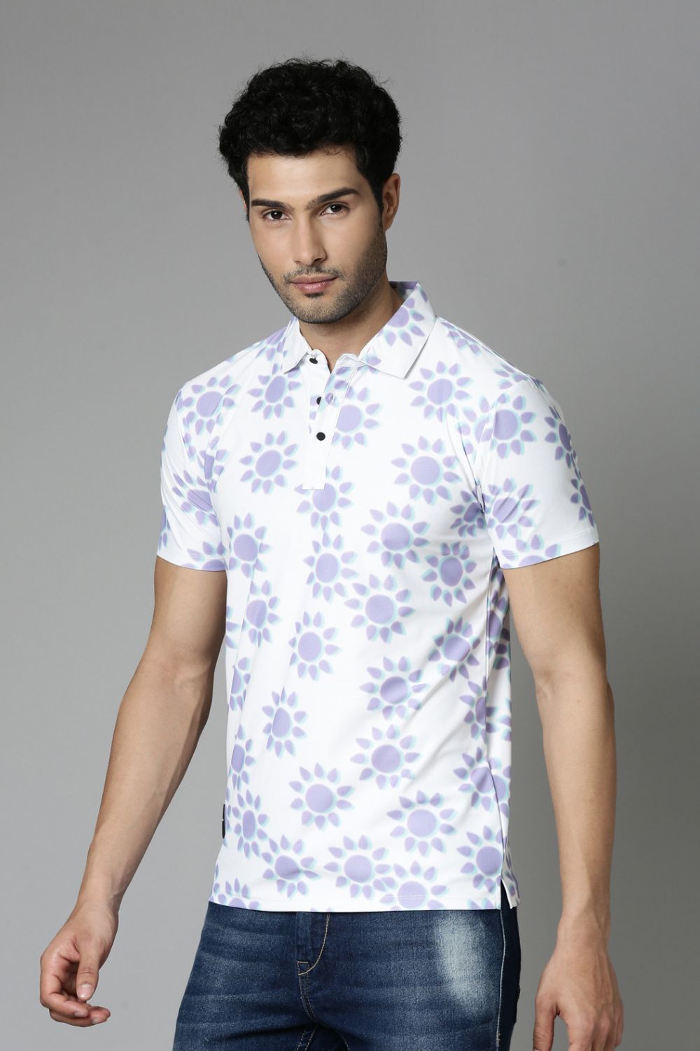 Powder-White Printed Polo T-Shirt