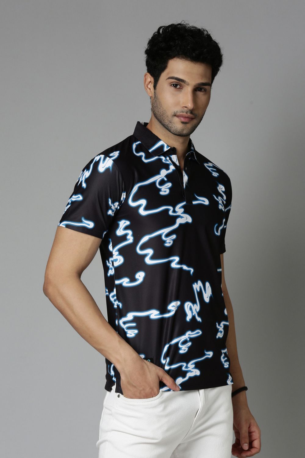 Midnight-Black Printed Polo T-Shirt