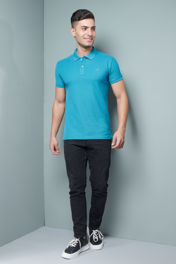 Menology Clothing - The Banker Turquoise Half Sleeve Collar Button Polo T-shirt For Men's