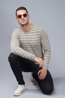  Menology Clothing - Posh Soft Beige Stripes Full Sleeves Round Neck T-Shirt For Men's