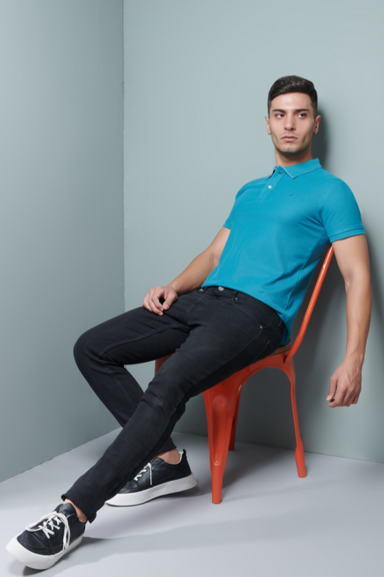 Menology Clothing - The Banker Turquoise Half Sleeve Collar Button Polo T-shirt For Men's