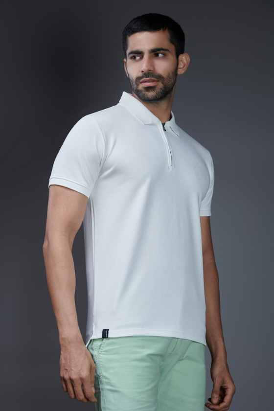 Menology clothing - Certified Polos Arista White Short Sleeve With Collar Zip Polo T-shirt For Men's