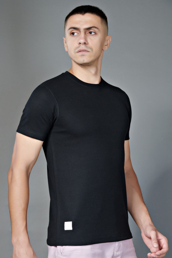 Pixel Black Solid Half Sleeve T-shirt